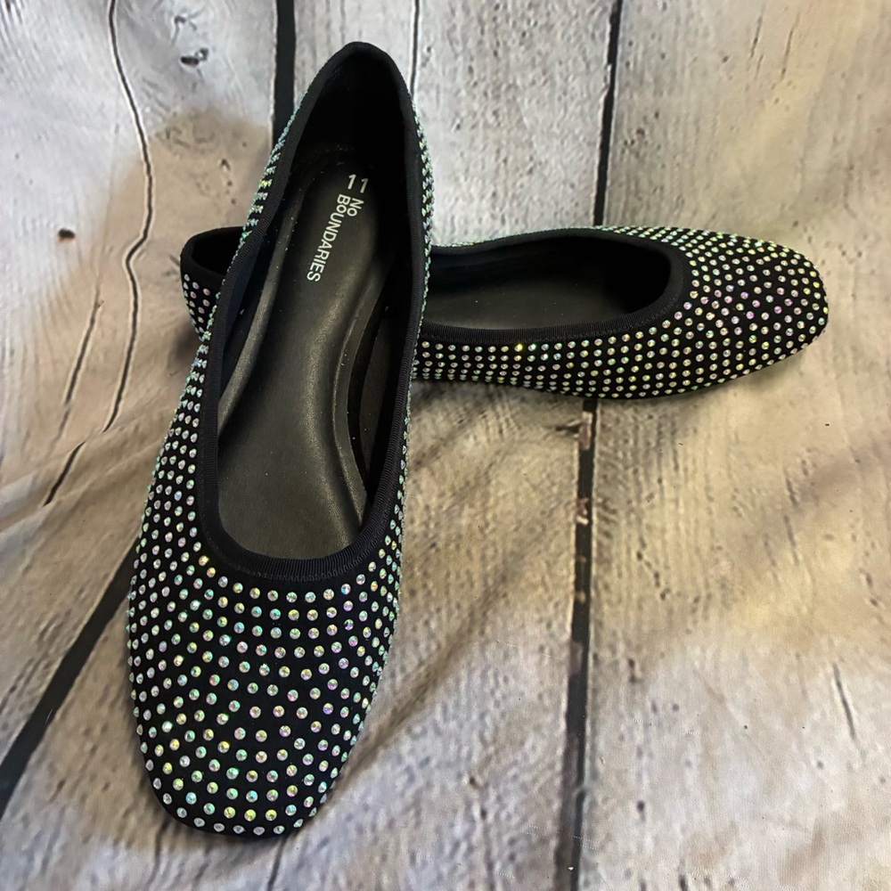 No Boundaries Women's Iridescent Rhinestone Black‎ Ballet Flats Square Toe Sz 11